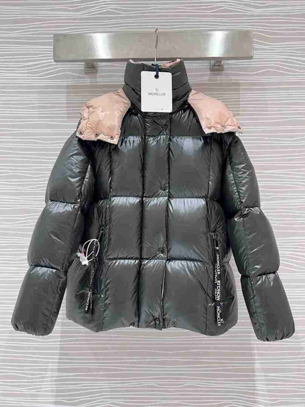 Moncler Short Puffer Down Jacket Black With Pink Hood Lining